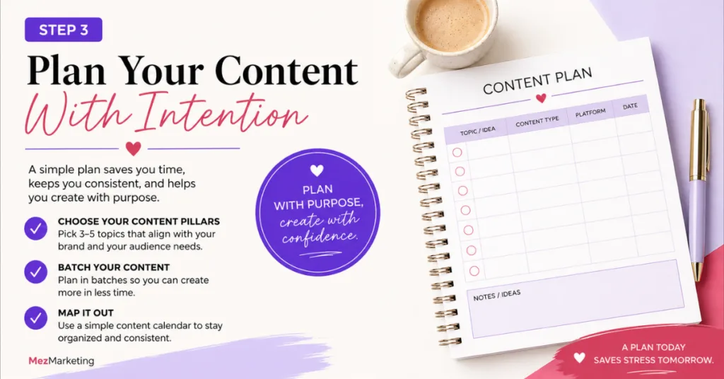 Graphic showing how to plan content with intention using content pillars, batching, and a simple content calendar.