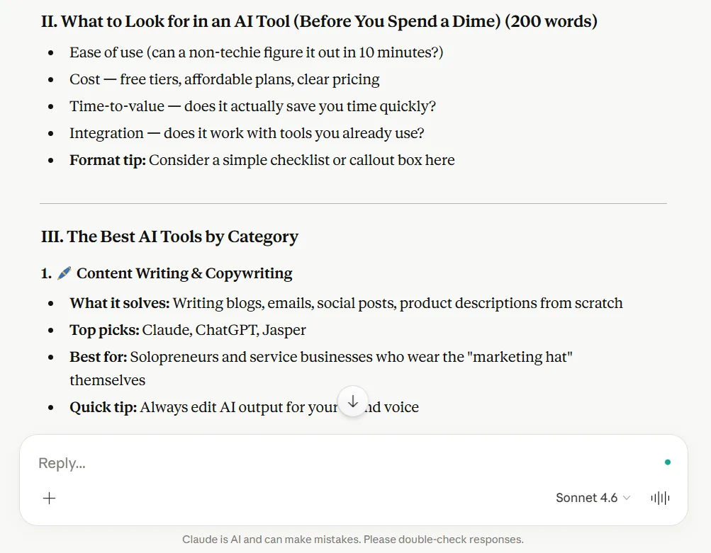 Second part of Claude blog outline for small business content creation test