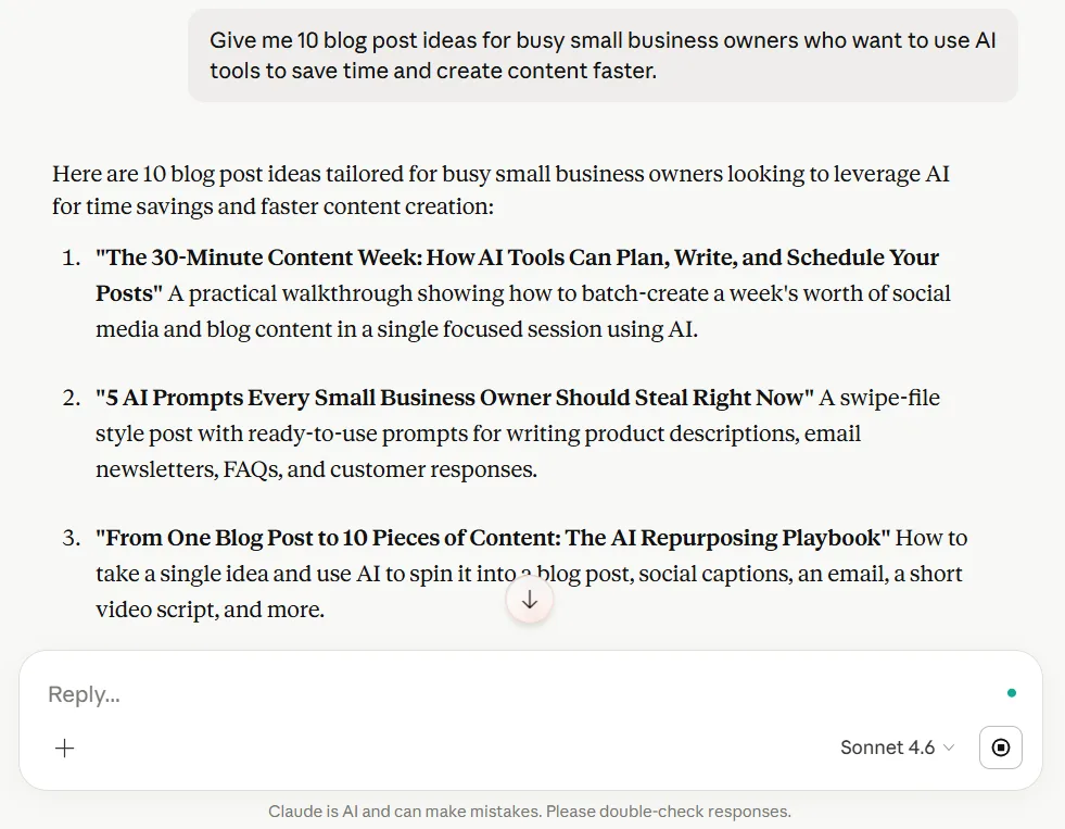 Claude vs Gemini for small business  blog topic ideas for Claude's content creation test