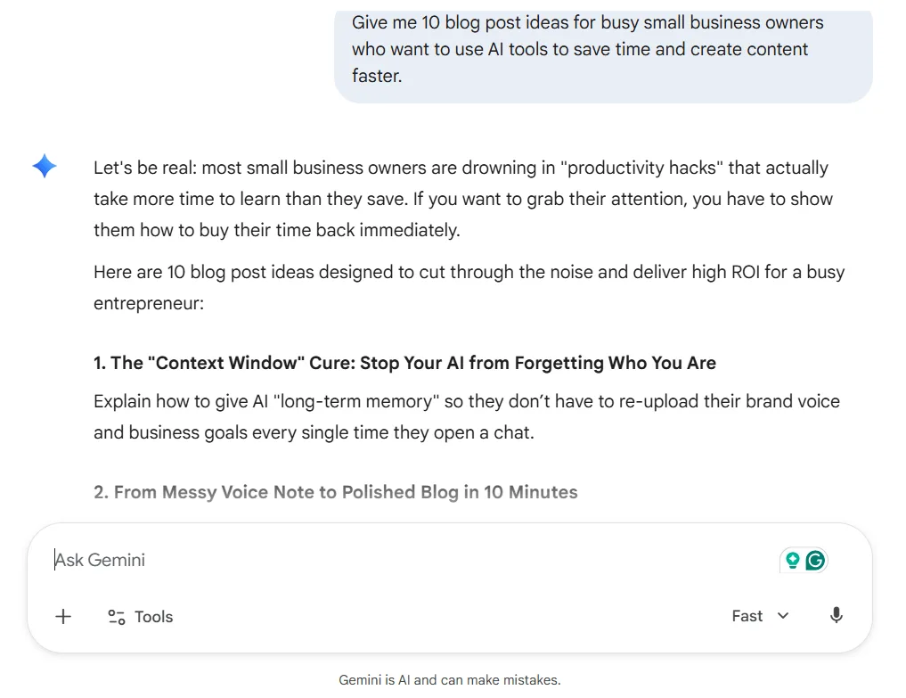 Gemini blog topic ideas for small business content creation test