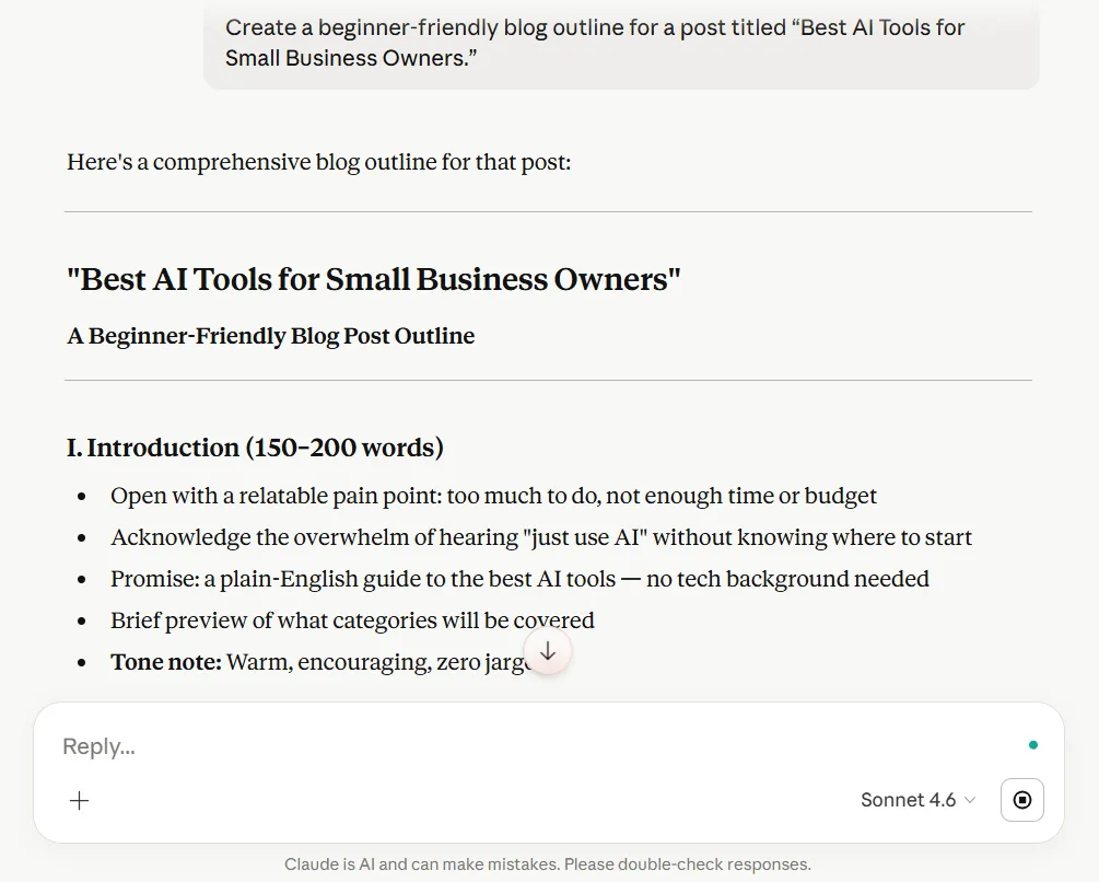 Claude blog outline for small business content creation test