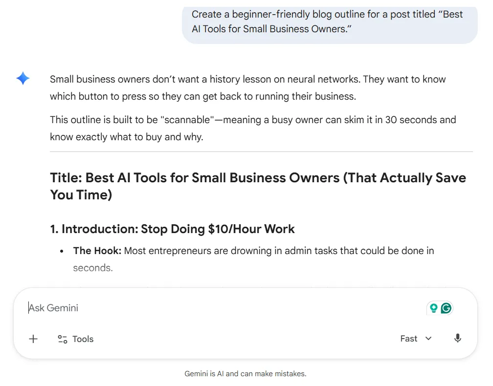 Gemini blog outline for small business content creation test