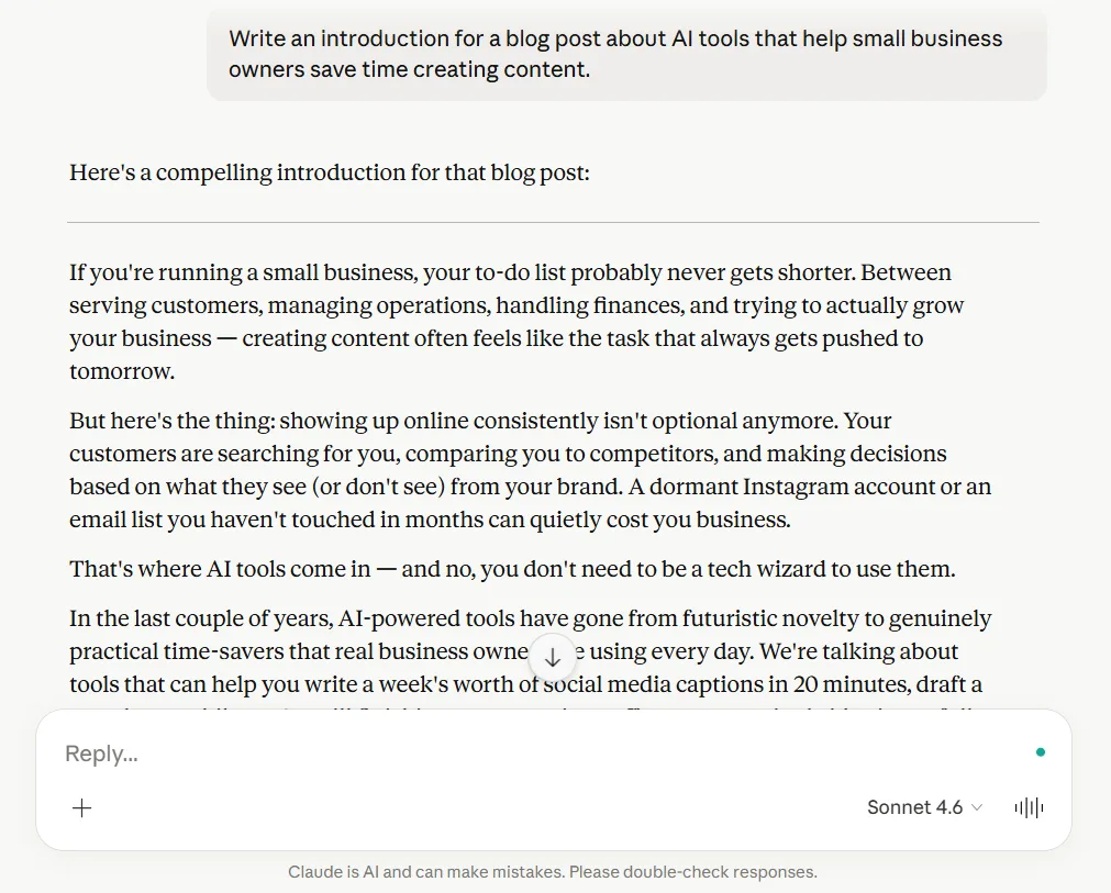 Claude intro paragraph for small business content creation test