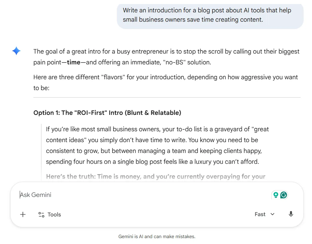 Gemini intro paragraph for small business content creation test