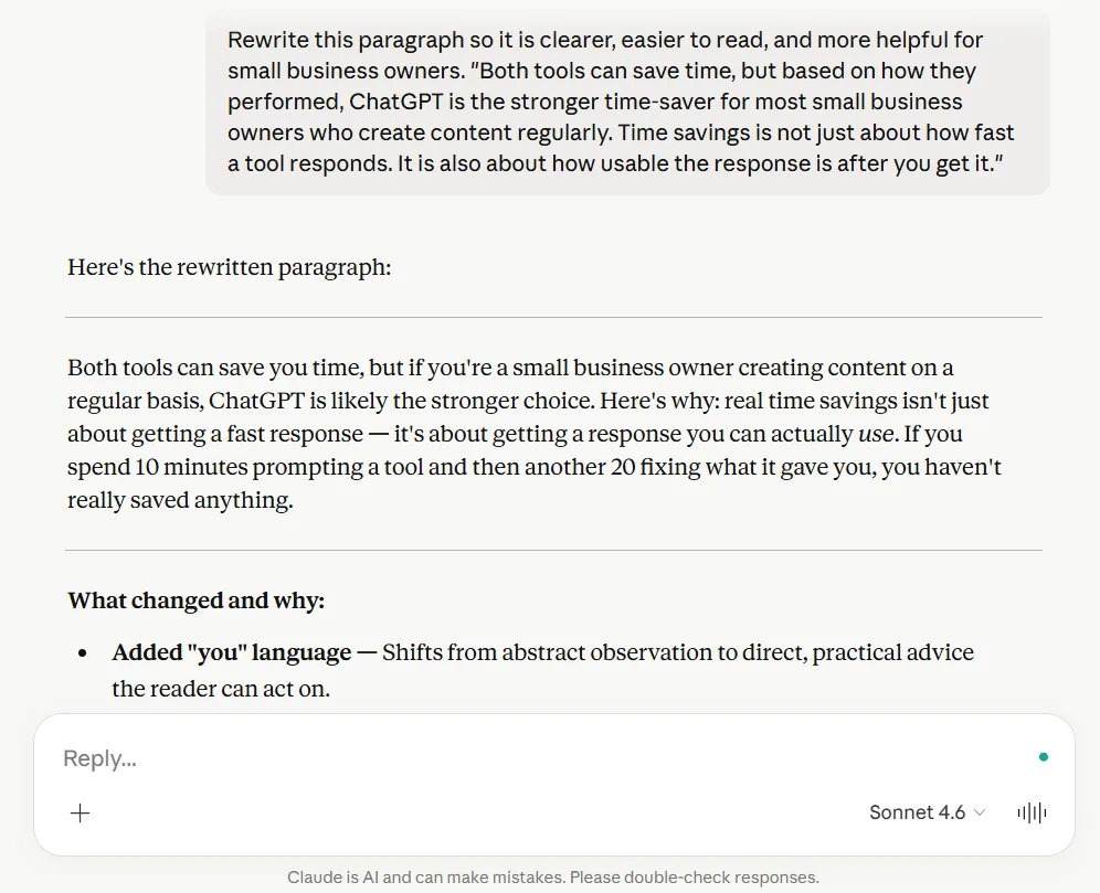 Claude paragraph rewrite test for small business content writing