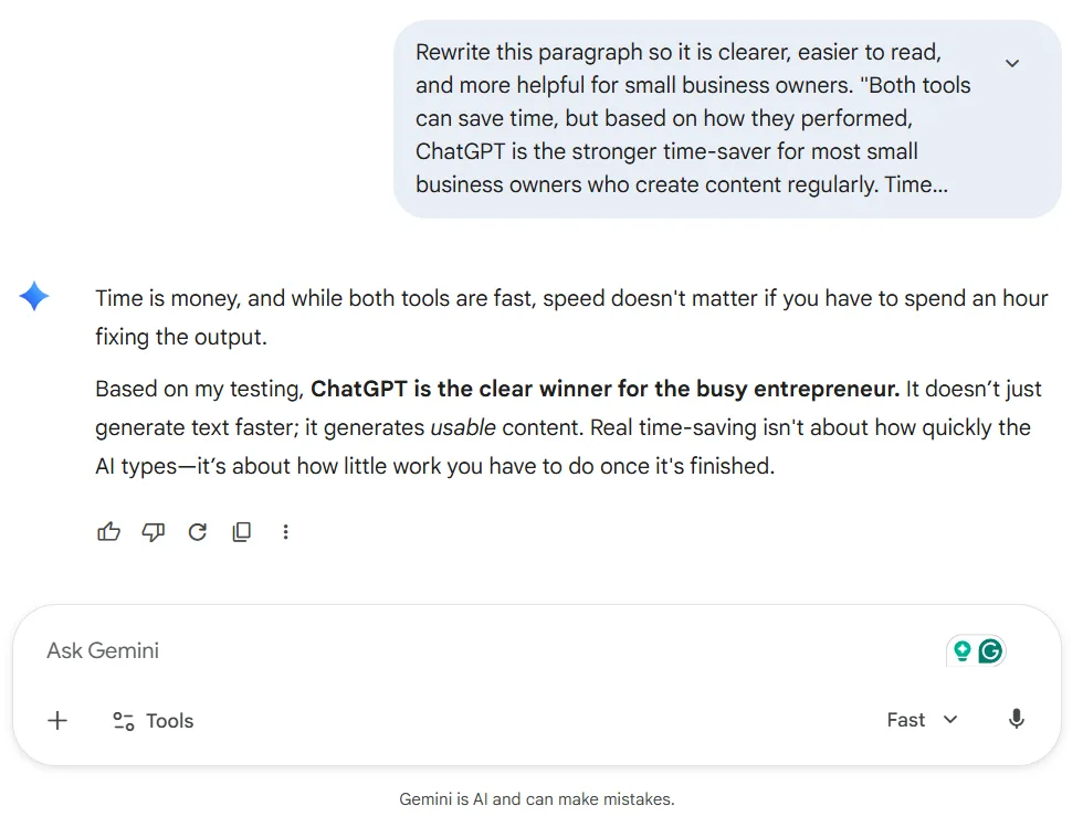 Gemini paragraph rewrite test for small business content writing