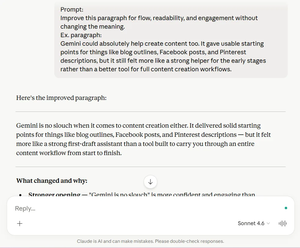 Claude improve paragraph test for small business content writing