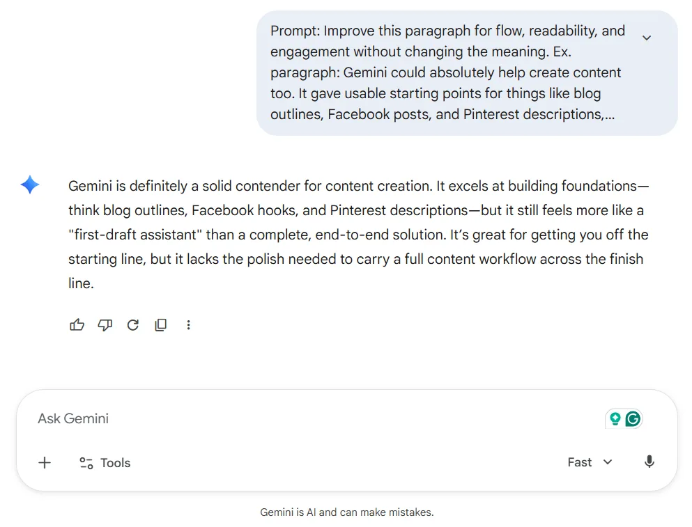 Gemini improve paragraph test for small business content writing