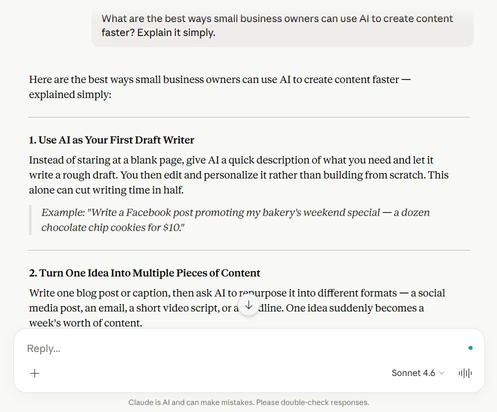 Claude research and content support test for small business content creation