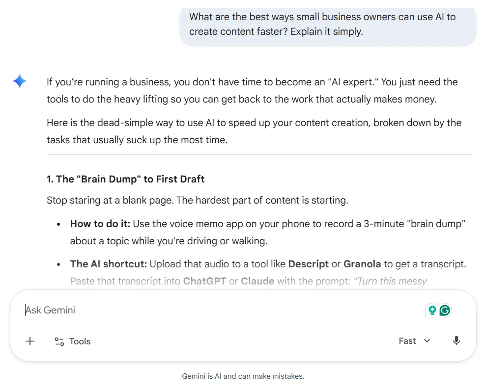Gemini research and content support test for small business content creation