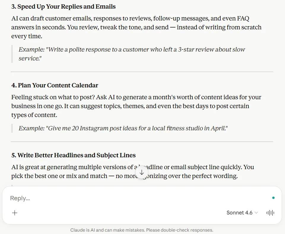 Second part of Claude research and content support test for small business content creation
