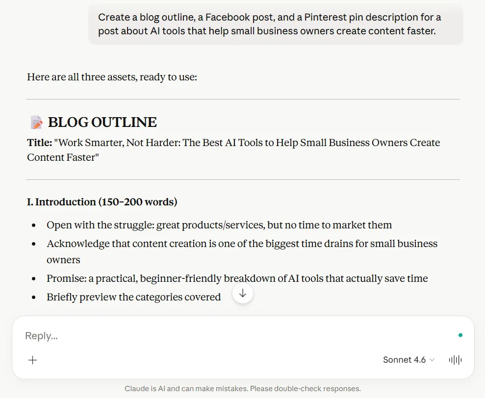 Claude workflow test blog outline for small business content creation