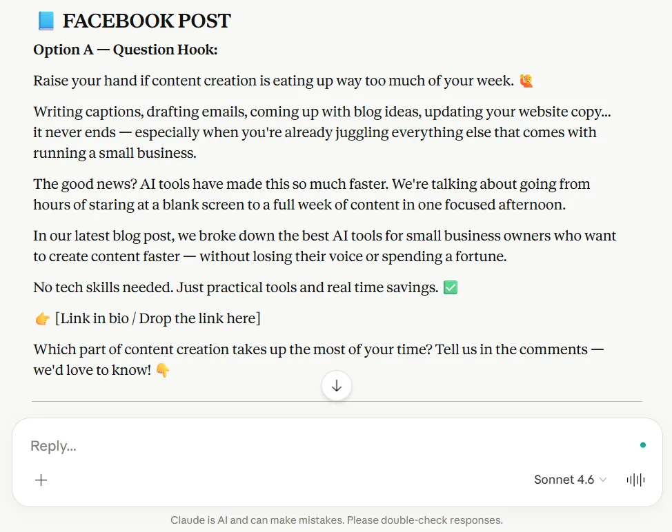 Claude workflow test Facebook post for small business content creation