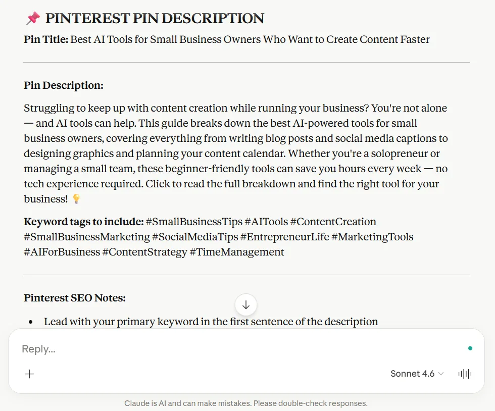 Claude workflow test Pinterest pin description for small business content creation