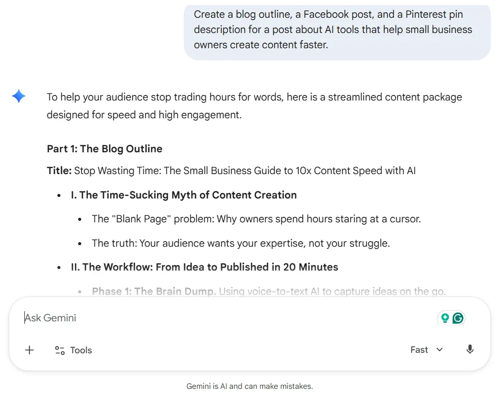 Gemini workflow test blog outline for small business content creation