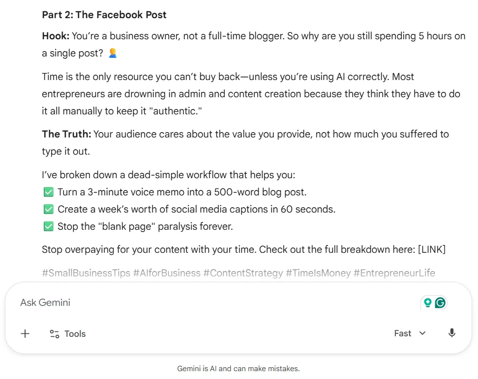 Gemini workflow test Facebook post for small business content creation