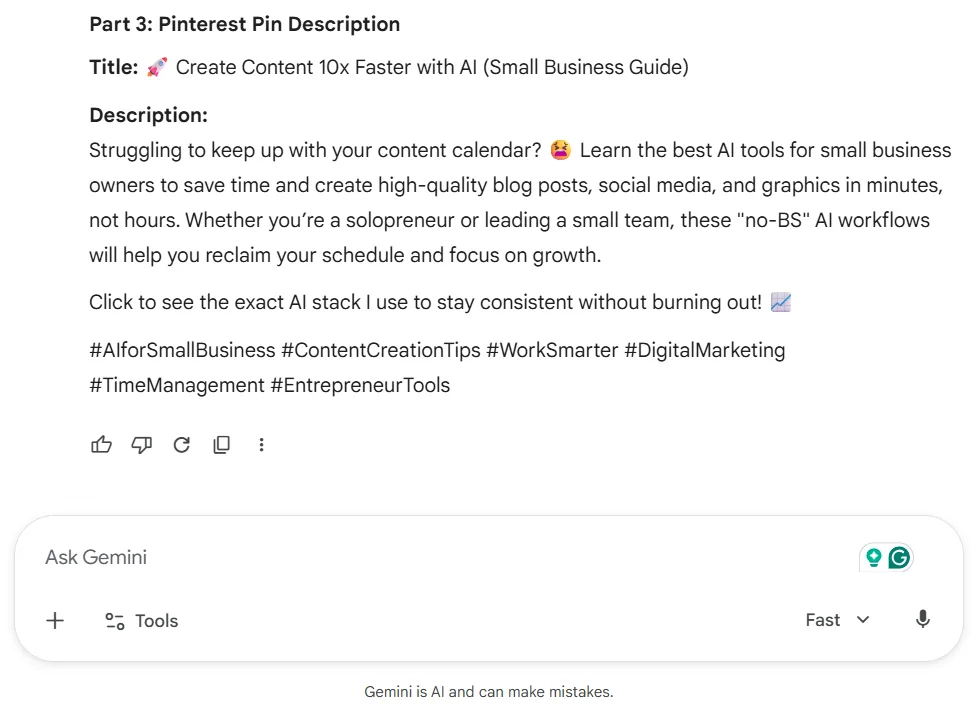 Gemini workflow test Pinterest pin description for small business content creation