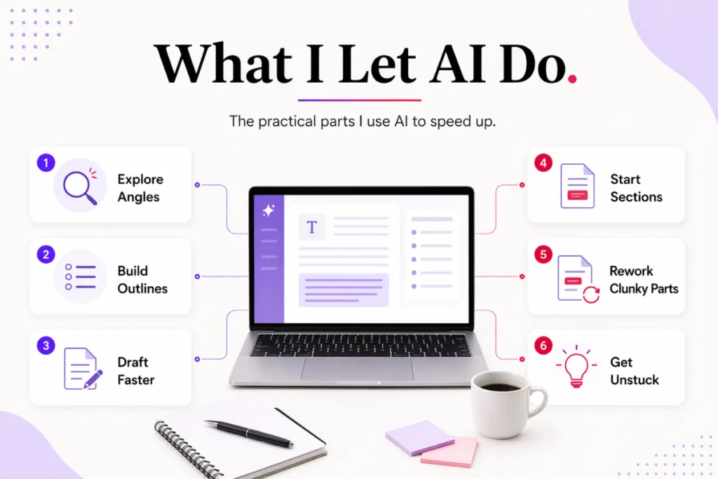 Graphic showing what I let AI do in my content workflow including outlines drafts and getting unstuck