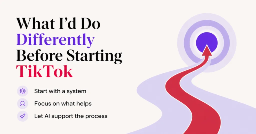 Graphic for a blog section about what I would do differently before starting TikTok, showing a simple path toward a focused content system with AI support.