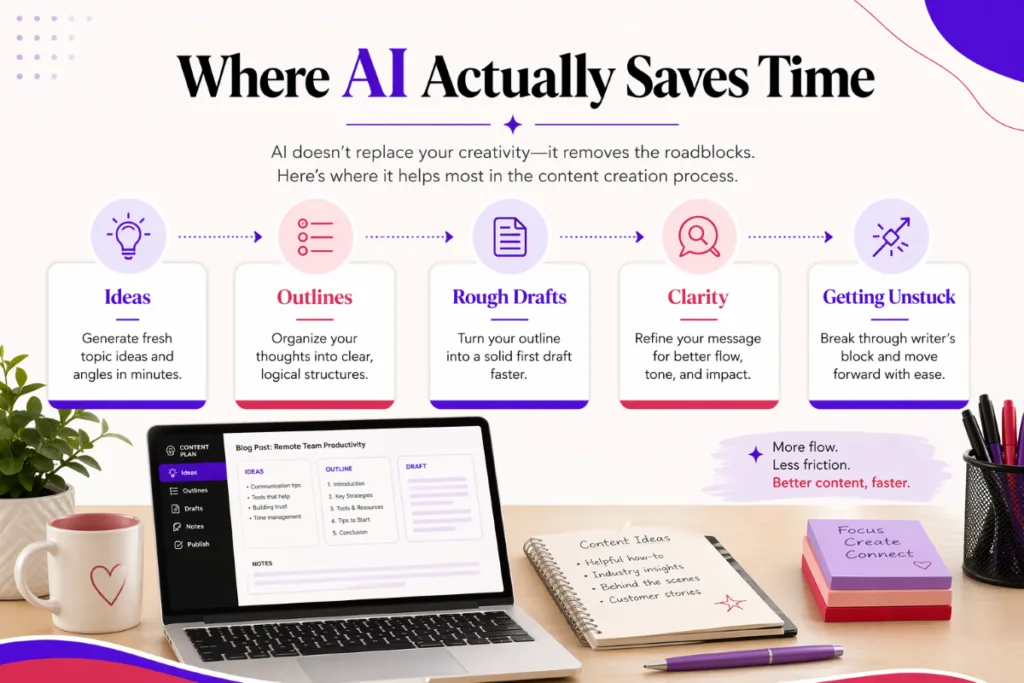Graphic showing where AI actually saves time in content creation including ideas outlines and rough drafts