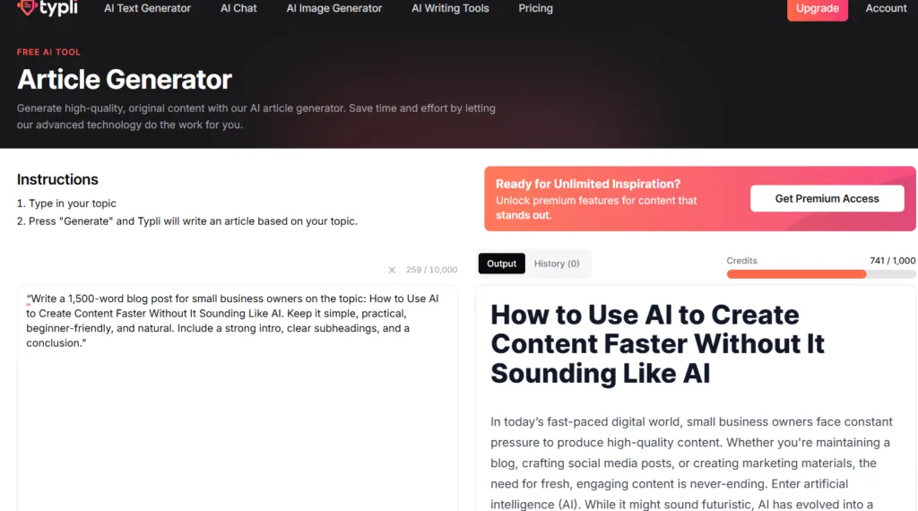 Typli.ai Article Generator showing a blog post prompt and AI-generated article output for a content creation test.