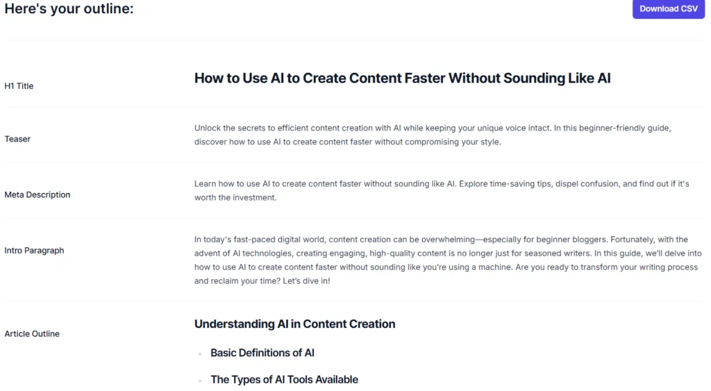 Typli.ai Blog Outline Generator showing the main blog outline output for a post about using AI to create content faster.
