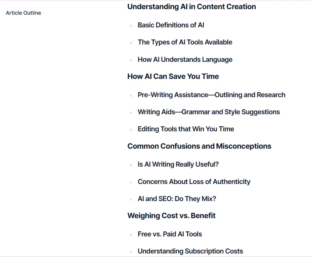 Typli.ai Blog Outline Generator showing more of the blog outline output for a content creation post about using AI.