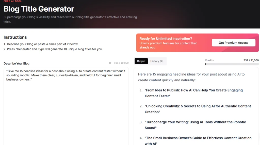 Typli.ai Blog Title Generator showing headline ideas for a blog post about using AI to create content faster without sounding robotic.