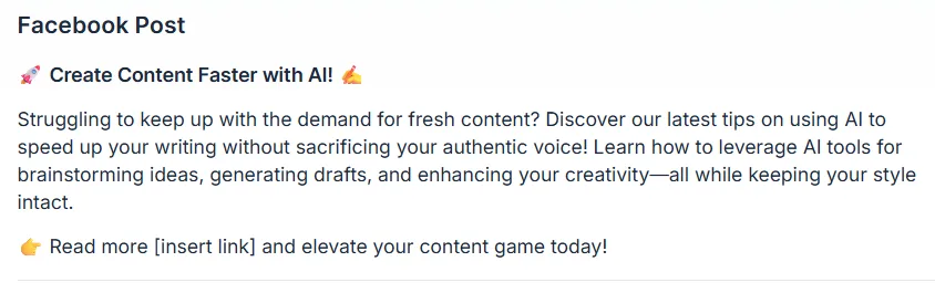 Typli.ai AI Chat Facebook post output created from a content prompt about using AI to create content faster without sounding robotic.