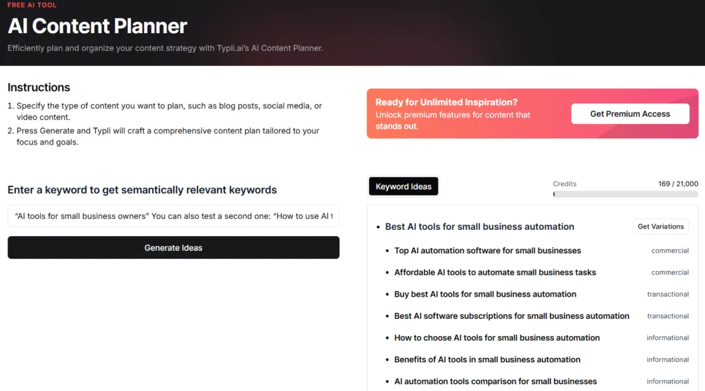 Typli.ai AI Content Planner showing keyword ideas and search intent suggestions for AI tools for small business owners.