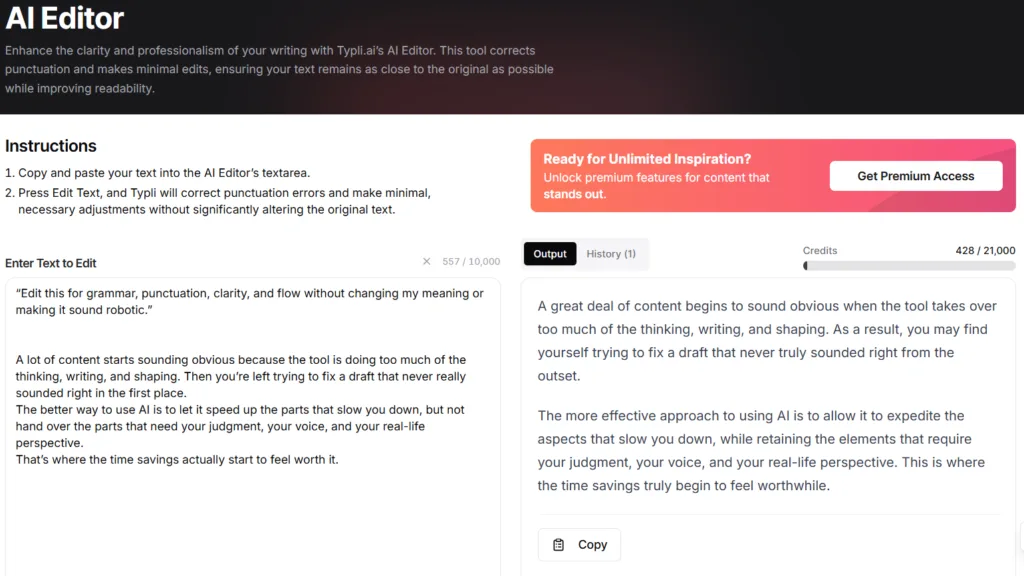 Typli.ai AI Editor showing an edited paragraph where the wording became more formal than the original writing.