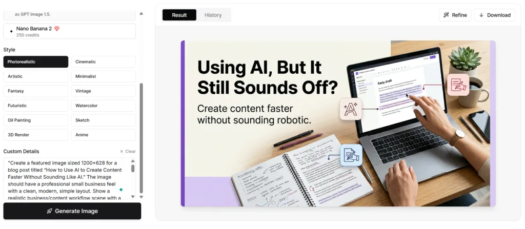 Typli.ai Image Generator result after upgrading showing a cleaner blog image for a post about using AI without sounding robotic.