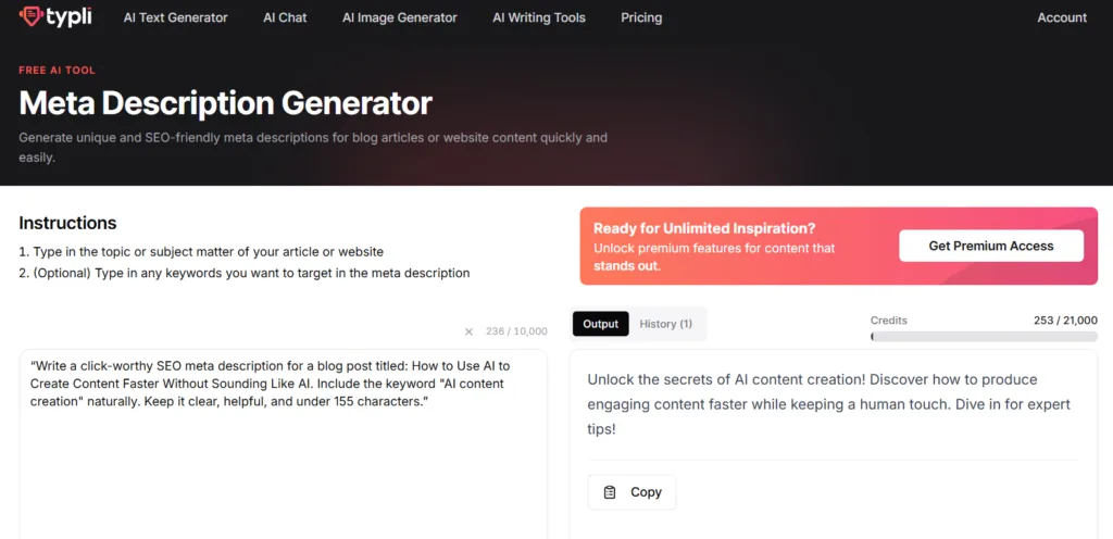 Typli.ai Meta Description Generator showing a prompt and SEO meta description output for an AI content creation blog post.