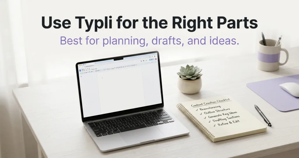Clean blog graphic with the text Use Typli for the Right Parts and a workspace showing a laptop, notepad, and content creation checklist.