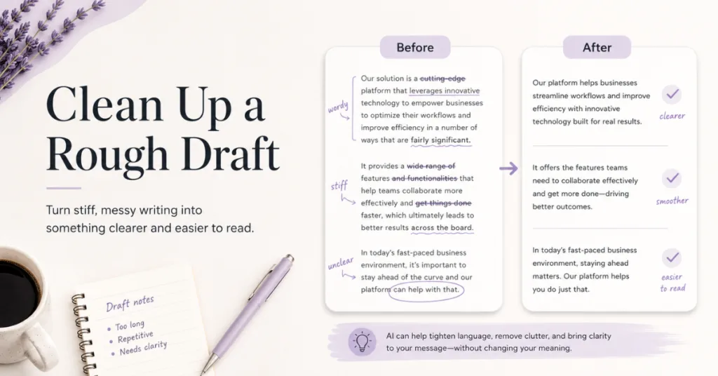 Graphic showing how AI can help clean up a rough draft by turning stiff, messy writing into clearer, smoother, easier-to-read content.