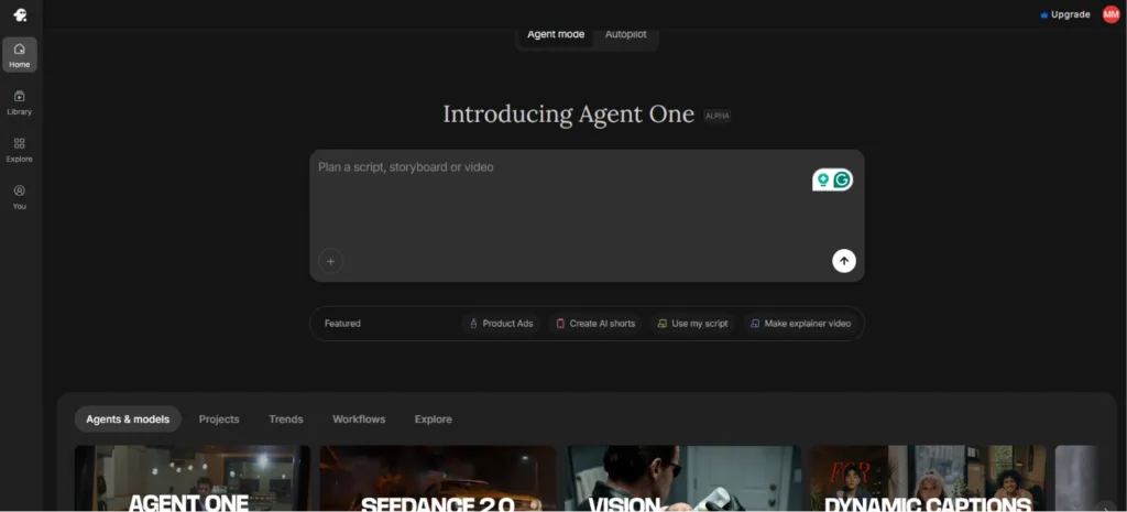InVideo AI dashboard showing Agent Mode, Autopilot, Product Ads, Create AI Shorts, Use My Script, and Make Explainer Video tools.