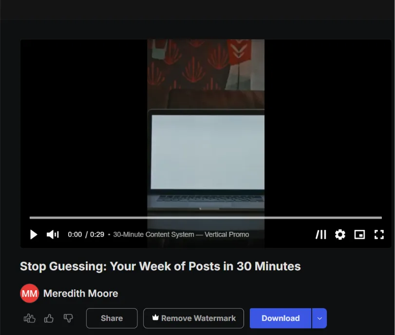 InVideo AI exported video screen showing the finished video preview with Download and Remove Watermark buttons.