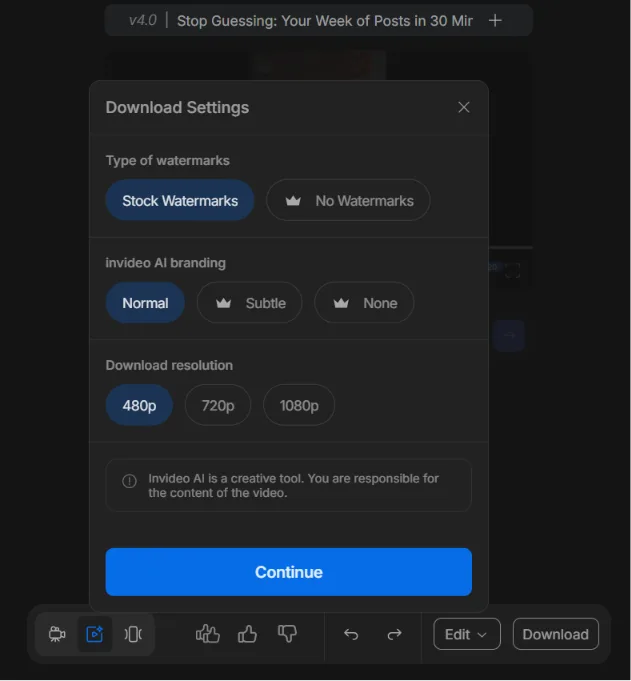 InVideo AI download settings showing stock watermarks, normal branding, and 480p selected before exporting.