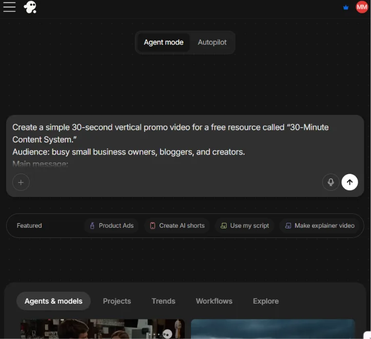 InVideo AI prompt for creating a 30-second lead magnet promo video for the 30-Minute Content System.