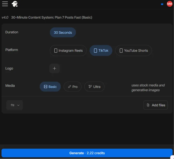InVideo AI settings screen showing a 30-second TikTok video with Basic media selected before generating a lead magnet promo.