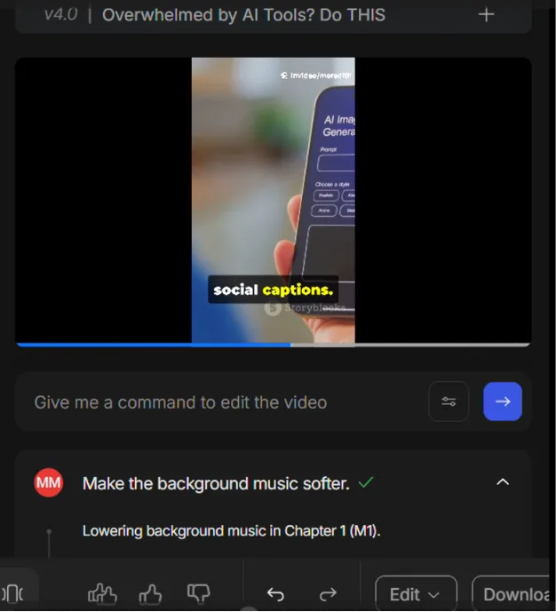 InVideo AI Magic Box showing a command to make the background music softer in a short marketing video.