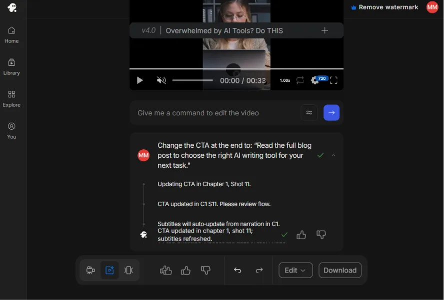 InVideo AI Magic Box showing a command to change the CTA at the end of a short marketing video.