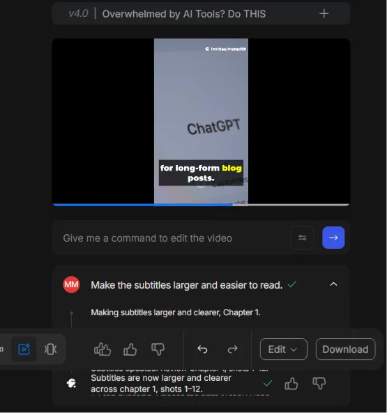 InVideo AI Magic Box edit showing the command to make subtitles larger and easier to read.