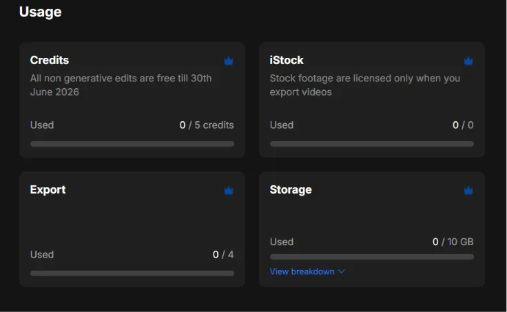 InVideo AI usage screen showing a new account with 0 of 5 credits used, 0 of 4 exports used, and 0 of 10 GB storage used.
