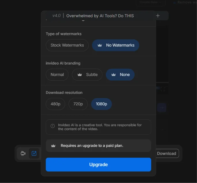 InVideo AI download settings showing no watermarks, no branding, and 1080p export requiring an upgrade.
