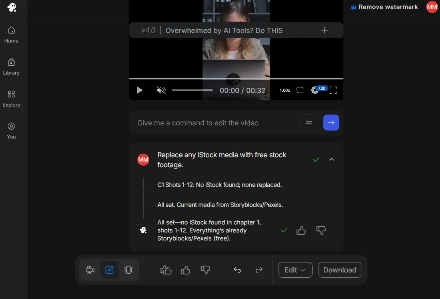 InVideo AI Magic Box showing a command to replace iStock media with free stock footage and confirming no iStock was found.