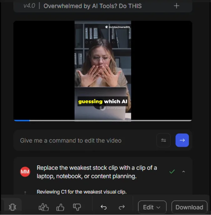 InVideo AI Magic Box showing a command to replace the weakest stock clip with a laptop, notebook, or content planning clip.