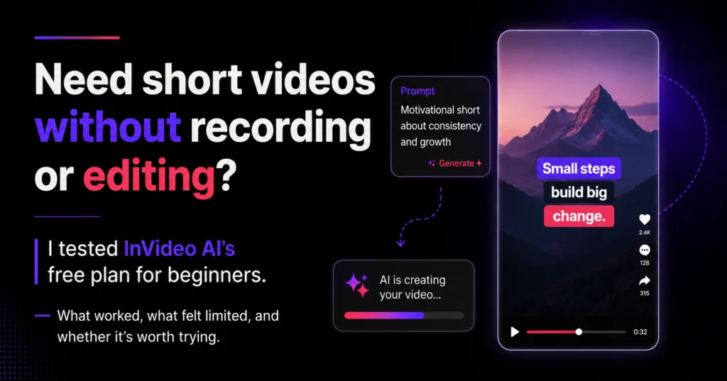 InVideo AI review for beginners showing a featured image about making short videos without recording or editing.