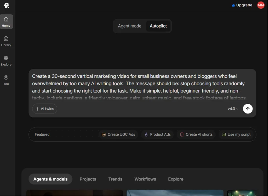 InVideo AI Autopilot screen showing a text-to-video prompt for creating a 30-second vertical marketing video.