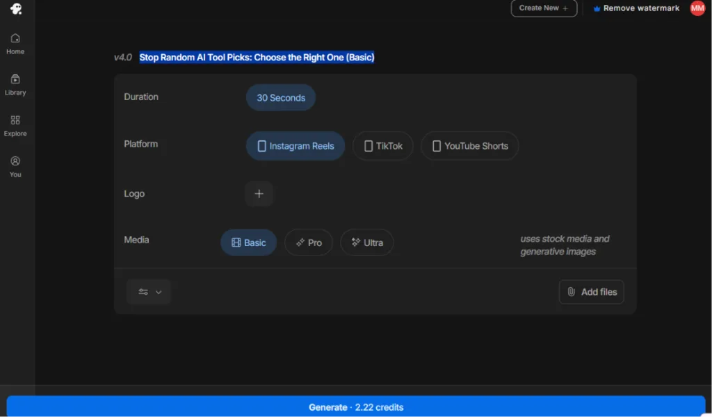 InVideo AI settings screen showing a 30-second Instagram Reels video with Basic media selected before generating.